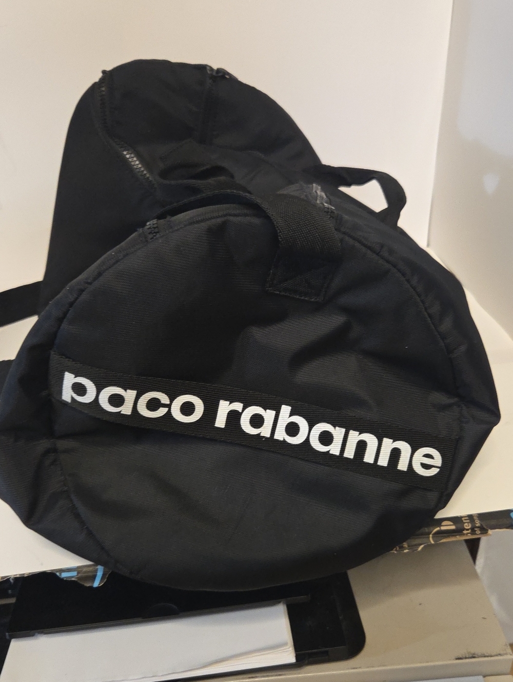 Paco Rabanne Black Round Duffel Bag with Logo Tape